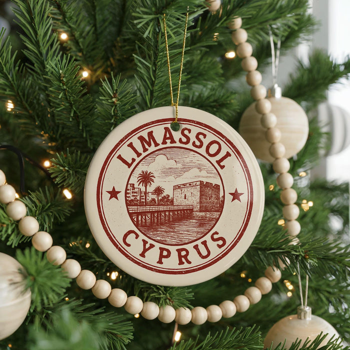 A Christmas tree decorated with ornaments, including a circular ornament with the text "LIMASSOL CYPRUS" and a palm tree illustration.