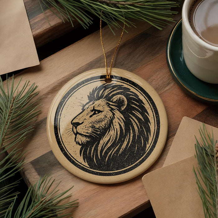a circular ornament with a lion's head design, placed on a wooden surface alongside a cup of coffee and some pine branches.