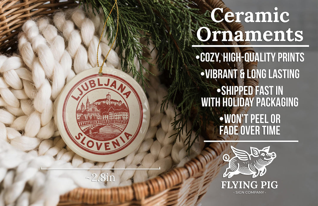 a ceramic ornament hanging from a wicker basket, with a description of the ornament and its features.