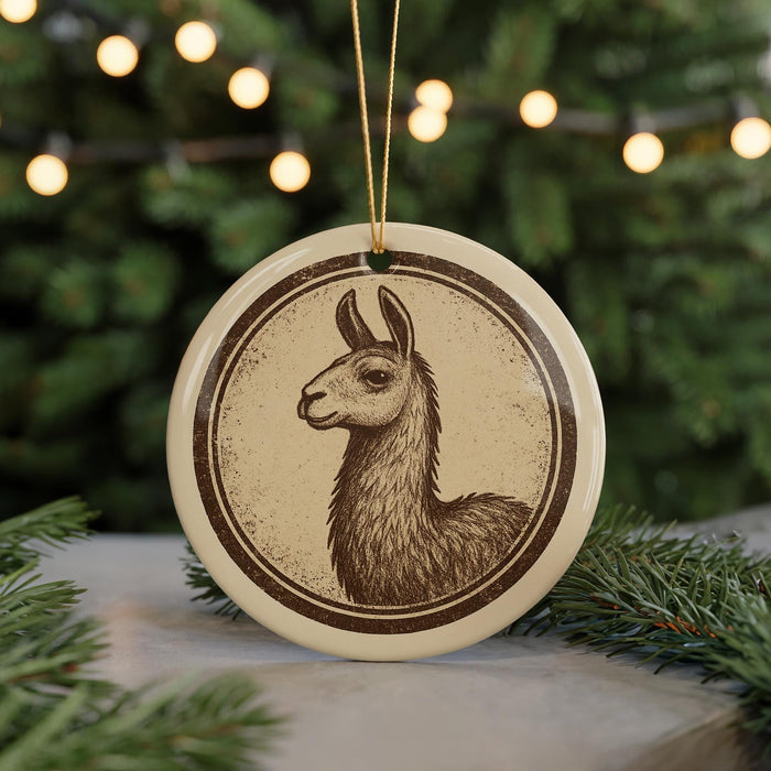 A round ornament featuring a brown llama illustration is displayed in front of a blurred background of Christmas lights.