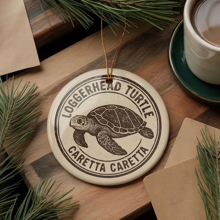 A circular ornament featuring a turtle design, with the text "Loggerhead Turtle" and "Caretta Caretta" printed on it, is displayed on a wooden surface alongside a cup of coffee and pine branches.