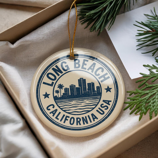 A circular ornament with the text "LONG BEACH CALIFORNIA USA" printed on it, hanging from a string.