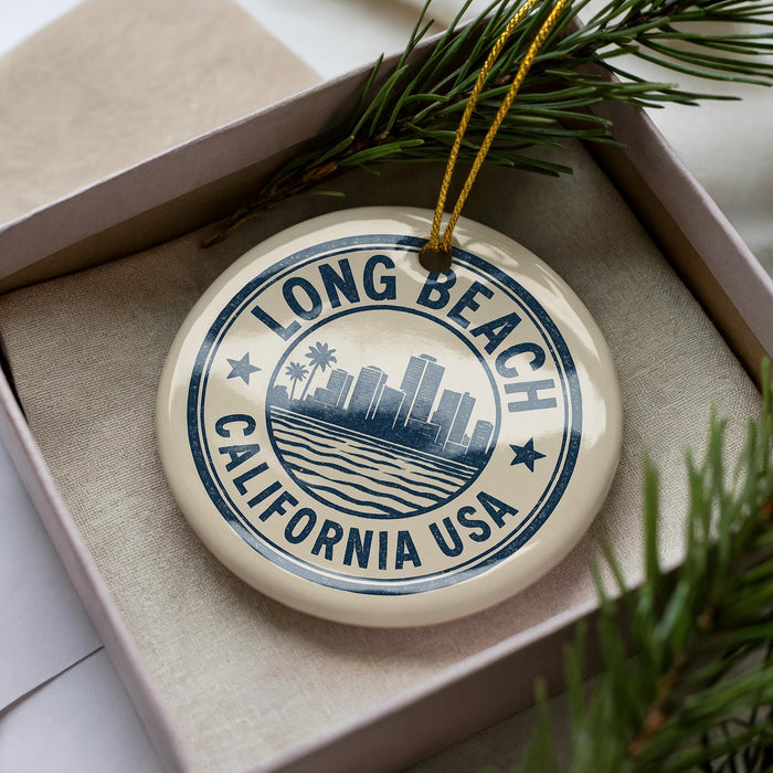 A circular ornament with the text "LONG BEACH CALIFORNIA USA" printed on it, surrounded by a decorative border.