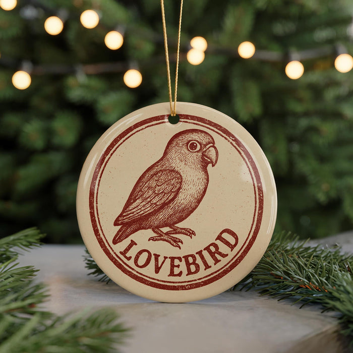 A round ornament with a bird image and the word "LOVEBIRD" written on it, hanging from a string.