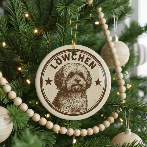 A circular ornament on a Christmas tree featuring a dog's face and the text "LOWchen".