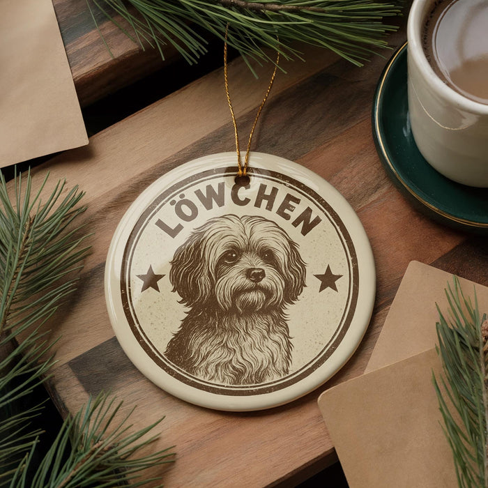 A circular ornament featuring a dog's portrait, with the text "LÖWCHEN" prominently displayed. The ornament is hanging from a string, and there is a cup of coffee and some pine branches in the background.