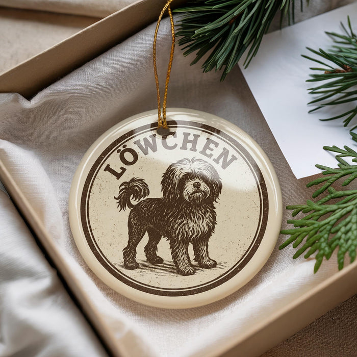 A circular ornament with a dog illustration and the text "LOWCHEN" on it, placed in a box with pine branches.