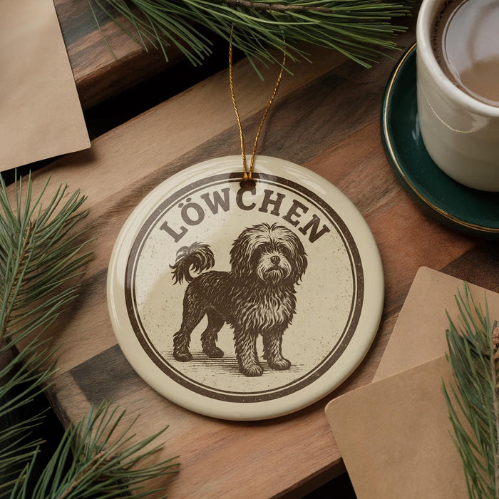 A circular ornament featuring a dog illustration, with the word "LÜSChen" written around the edge. The ornament is placed on a wooden surface, with pine branches and a cup of coffee nearby.