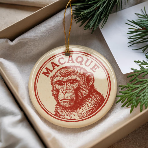 A round ornament with a monkey's face on it, hanging from a string.