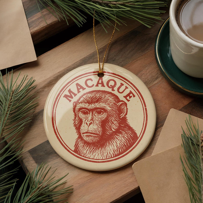 A round ornament with a monkey's face on it, hanging from a string, surrounded by pine branches and a cup of coffee on a wooden surface.