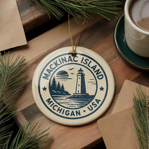 A circular ornament with the text "Mackinac Island, Michigan, USA" and a lighthouse illustration, hanging on a wooden surface.