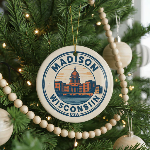 A circular ornament on a Christmas tree, featuring the text "MADISON, WISCONSIN, USA" and an illustration of the Madison, Wisconsin state capitol building.