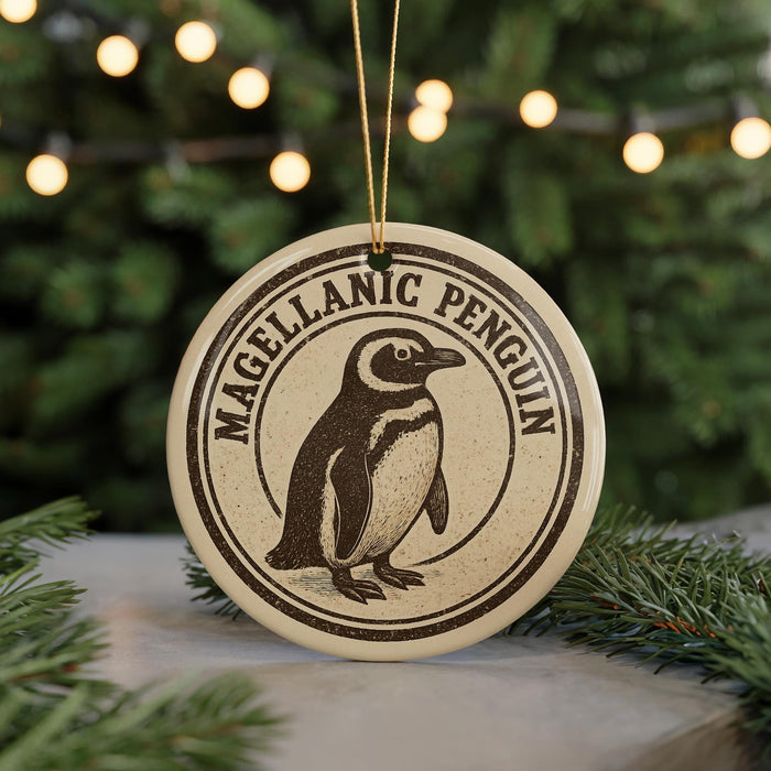 A circular ornament featuring a penguin, with the text "MAGELLANIC PENGUIN" printed on it, is hanging from a string in front of a Christmas tree.