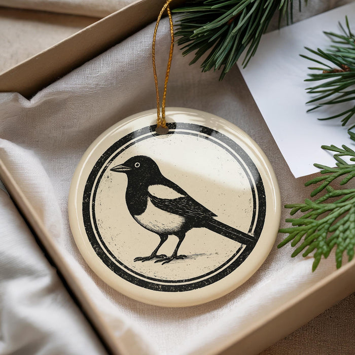 A decorative ornament featuring a black and white illustration of a bird is displayed in a box, surrounded by pine branches.