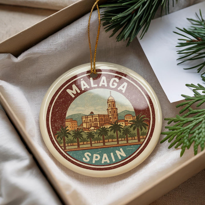 A circular ornament with a picture of a city and the text "MALAGA SPAIN" is displayed in a box with pine branches.