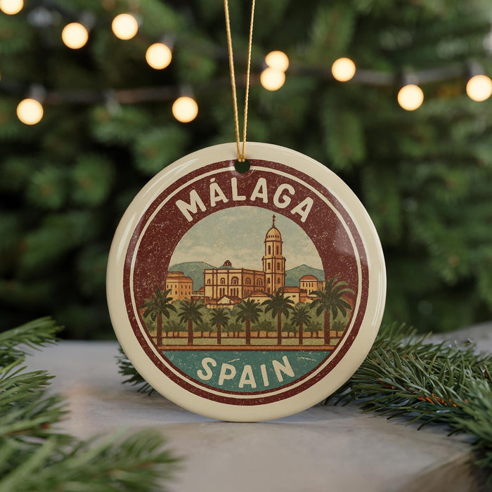 A circular ornament with the text "MALAGA SPAIN" and an illustration of a cityscape, likely representing the city of Malaga, Spain.