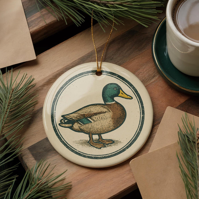 A ceramic ornament featuring a duck is displayed on a wooden surface, accompanied by a cup of coffee and some pine branches.