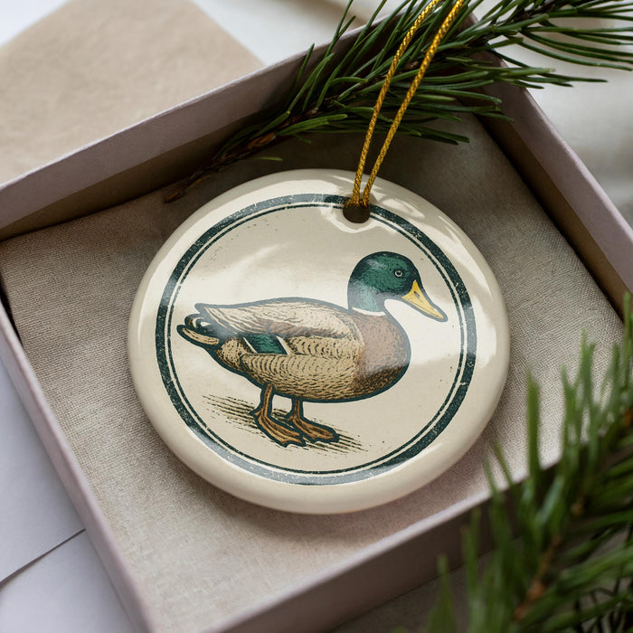 A ceramic ornament in the shape of a duck is displayed in a box, surrounded by pine branches.