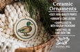 Ceramic ornaments, featuring a ceramic duck ornament hanging from a wicker basket.