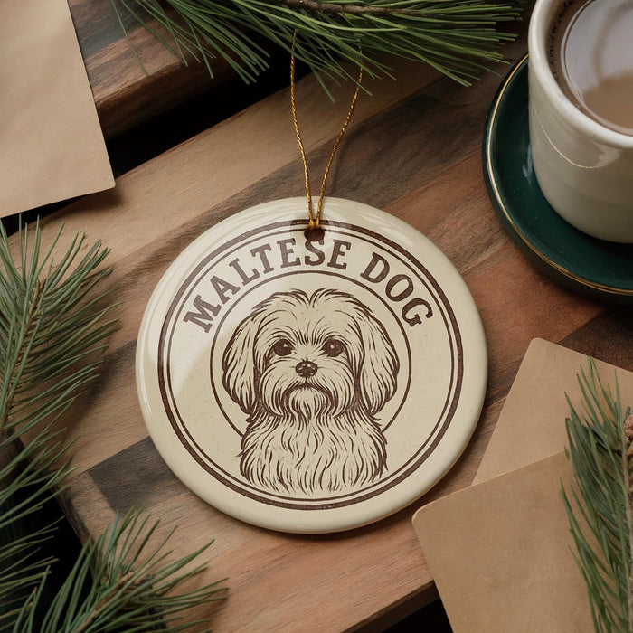 A circular ornament featuring a Maltese dog is displayed on a wooden surface, accompanied by a cup of coffee and pine branches.