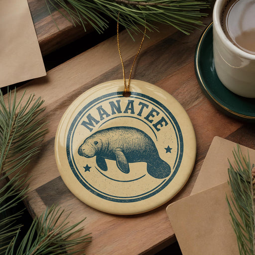 A circular ornament with the word "MANATEE" printed on it, featuring a manatee illustration, is displayed on a wooden surface alongside a cup of coffee and some pine branches.
