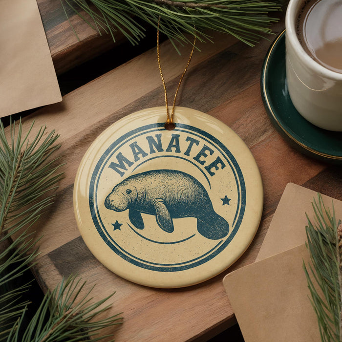 A circular ornament with the word "MANATEE" printed on it, featuring a manatee illustration, is displayed on a wooden surface alongside a cup of coffee and some pine branches.