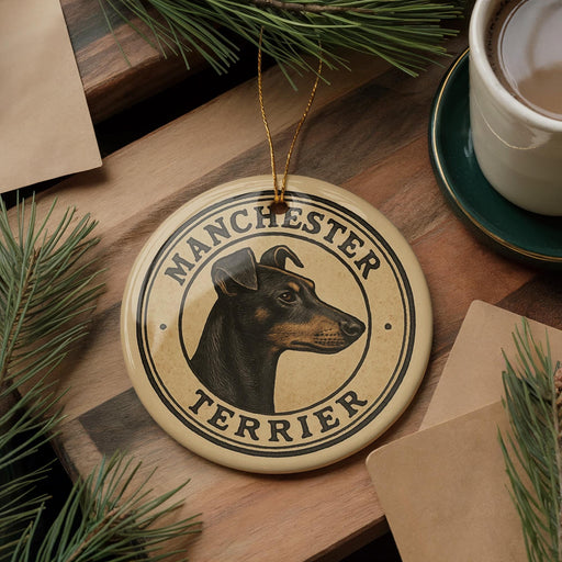 A round ornament featuring a Manchester Terrier dog's head, with the text "MANCHESTER TERRIER" around the edge.