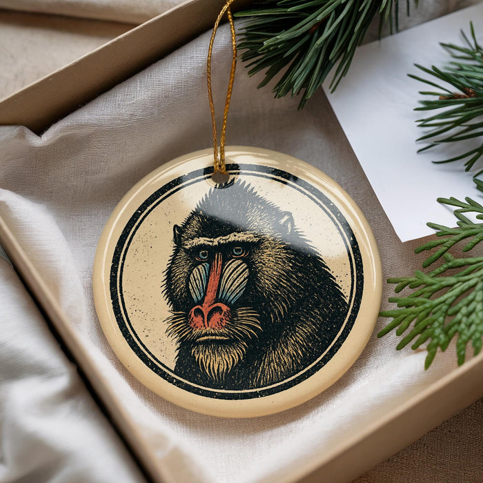 A decorative ornament featuring a close-up image of a monkey's face, with a beige circular frame surrounding the image.