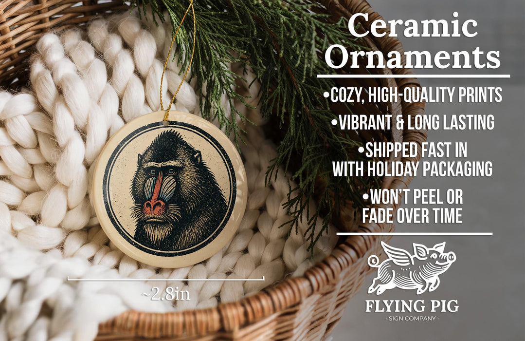 Ceramic ornaments, featuring a ceramic monkey or gorilla, are displayed in a wicker basket. The text highlights the ornaments as "Ceramic Ornaments" and provides information about their features, such as being "Cozy, High-quality Prints", "Vibrant & Long Lasting", "Shipped Fast in with Holiday Packaging", and " Won't Peel or Fade Over Time".