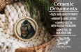 Ceramic ornaments, featuring a ceramic monkey or gorilla, are displayed in a wicker basket. The text highlights the ornaments as "Ceramic Ornaments" and provides information about their features, such as being "Cozy, High-quality Prints", "Vibrant & Long Lasting", "Shipped Fast in with Holiday Packaging", and " Won't Peel or Fade Over Time".
