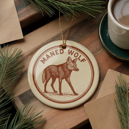 A round ornament featuring a brown fox, with the text "MANED WOLF" printed on it, is displayed on a wooden surface alongside a cup of coffee and some pine branches.