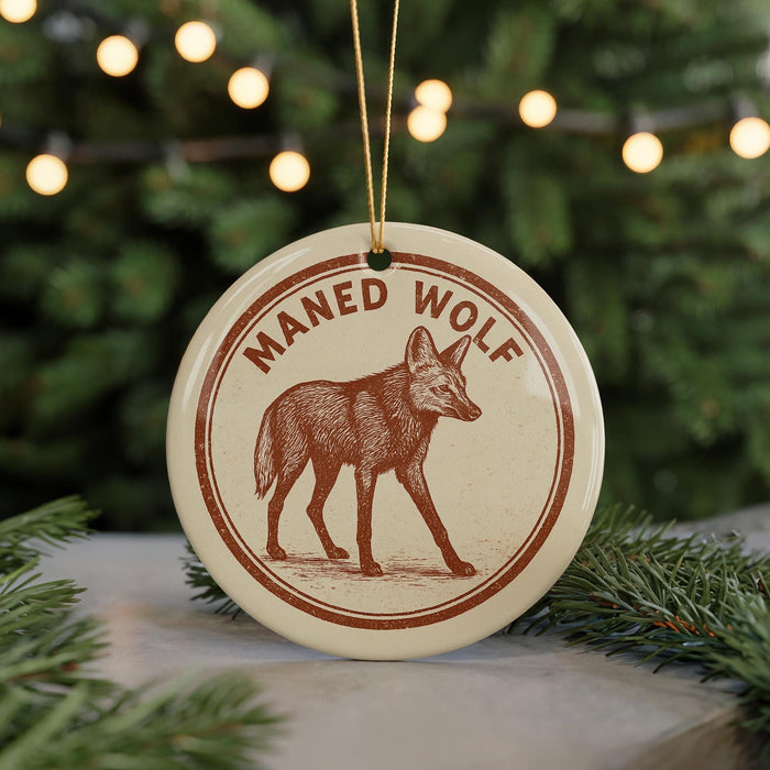 A circular ornament featuring a brown wolf illustration, hanging from a string against a blurred background of a Christmas tree with lights.