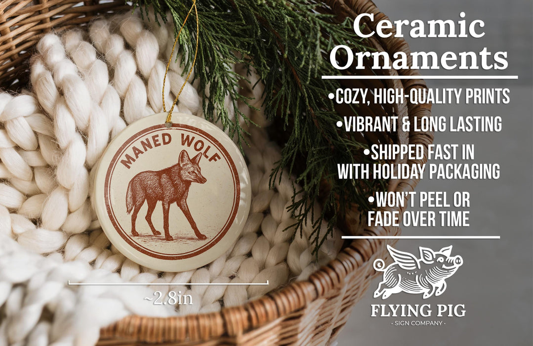 Ceramic ornaments, specifically a Maned Wolf ornament, are displayed in a woven basket.