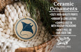 Ceramic ornaments, featuring a blue stingray design, are displayed in a woven basket.