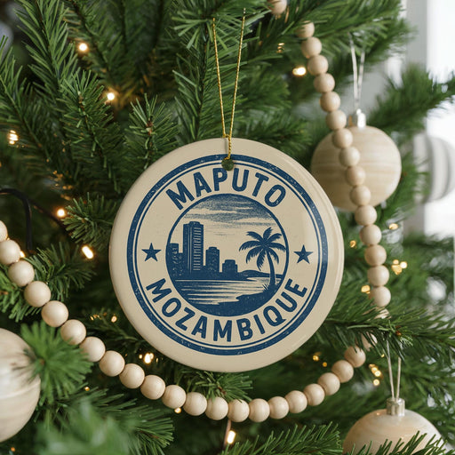 A circular ornament on a Christmas tree with the text "MOPUTO MOZAMBIQUE" printed on it, surrounded by other ornaments and lights.