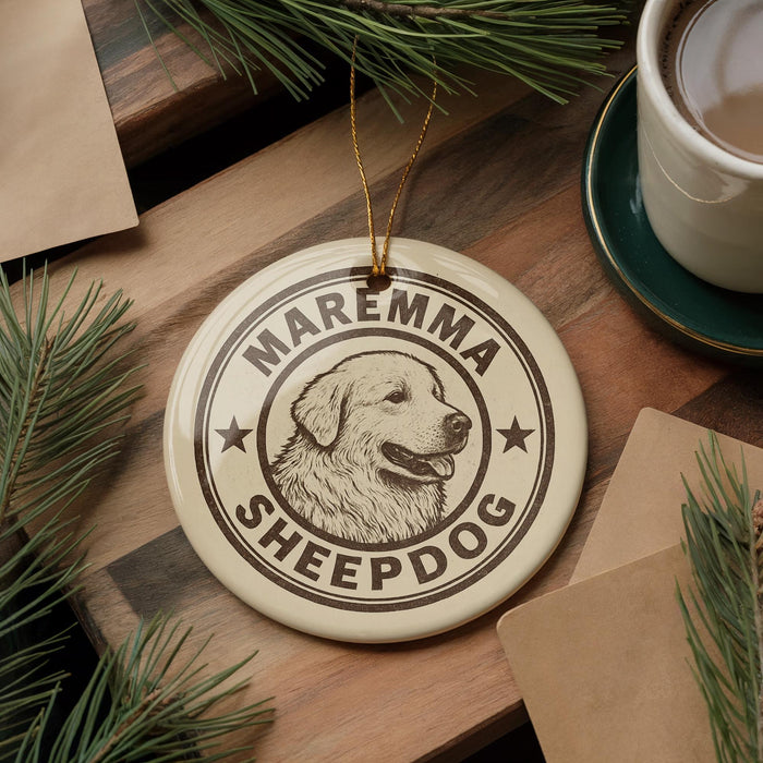 A circular ornament with the text "Maremma Sheepdog" and a graphic of a dog's head is displayed on a wooden surface, surrounded by pine branches and a cup of coffee.
