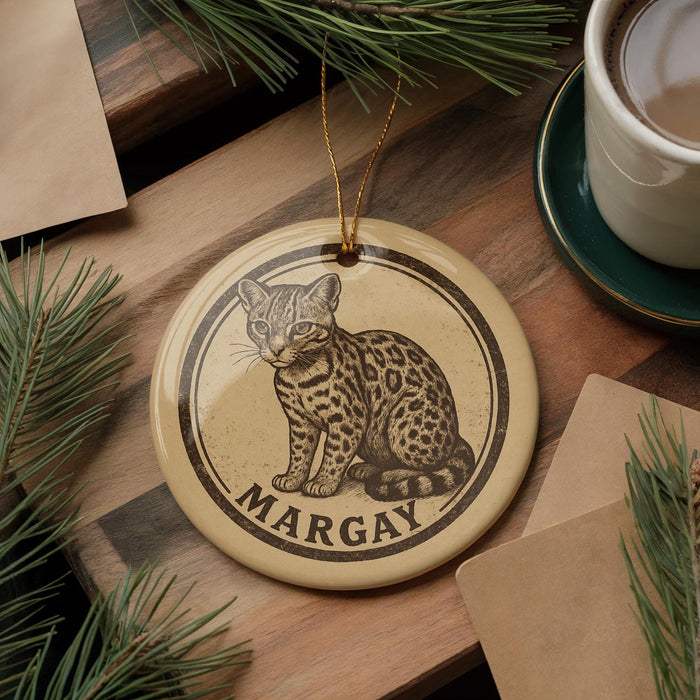 A round ornament featuring a leopard cat, with the name "Margay" written on it, is displayed on a wooden surface alongside a cup of coffee and some pine branches.