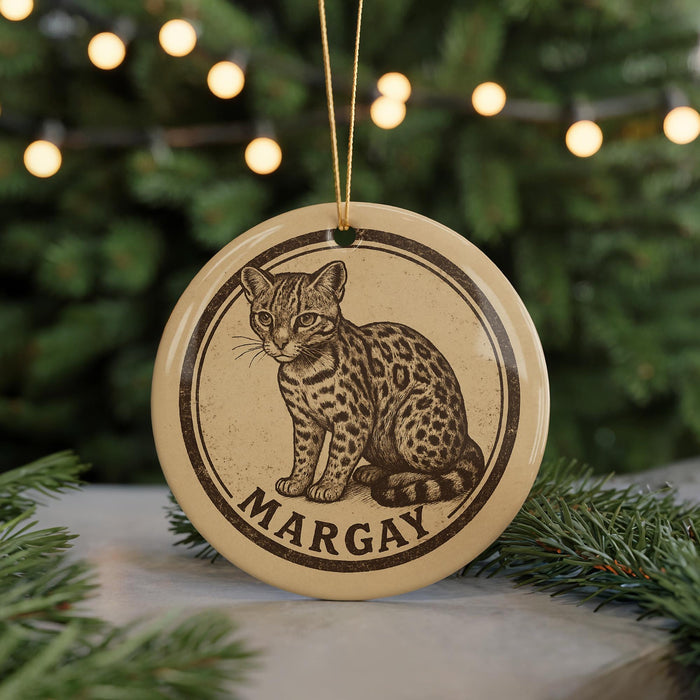 A round ornament featuring a cat illustration, with the name "MARGAY" written below it. The ornament is hanging from a string, and there are pine branches visible in the background.