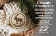 Ceramic ornaments, featuring a round ornament with a goat design, are displayed in a wicker basket.