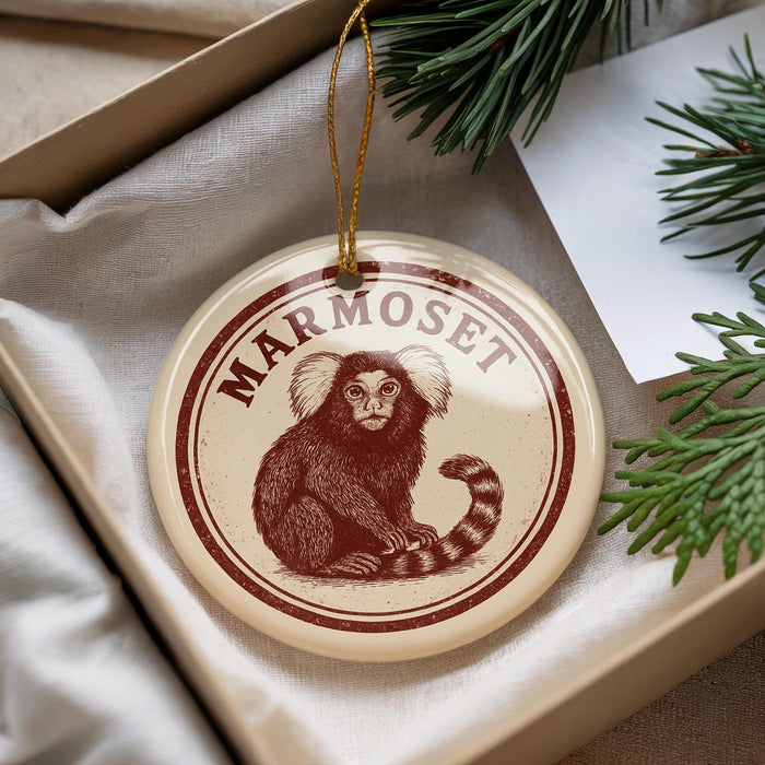 A round ornament with a monkey image and the word "Marmoset" printed on it, hanging from a string.