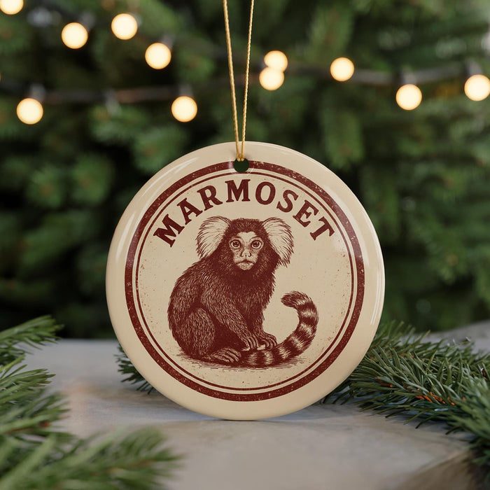 A round ornament with a monkey image and the word "MARMOSET" written on it, hanging from a string.