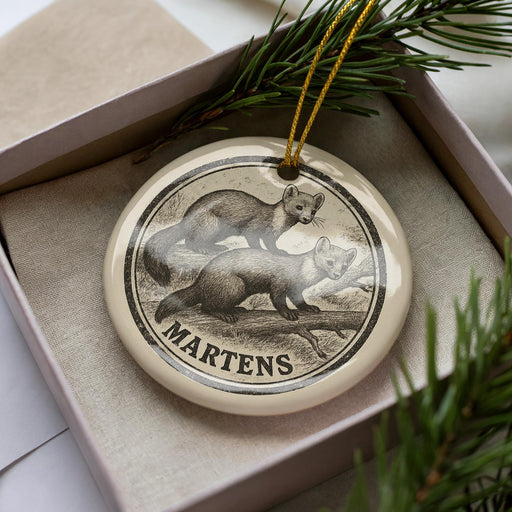 A decorative ornament featuring a wood-footed marmot, a small mammal known for its distinctive wood-soled feet, is displayed in a box with pine branches.