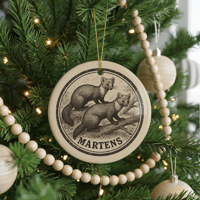 A Christmas tree decorated with ornaments, including a circular ornament with a drawing of two martens and the word "MARTENS" written on it.