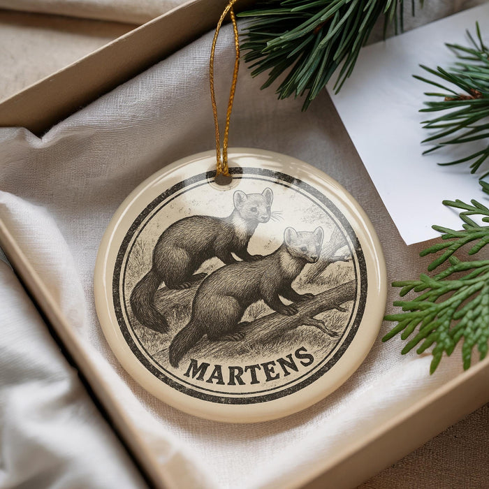 A circular ornament featuring a drawing of two martens climbing a tree, with the word "MARTENS" written below the image.
