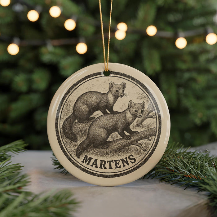 A circular ornament featuring a woodchuck illustration, with the word "MARTENS" written around the edge.