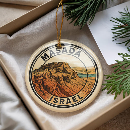 A circular ornament with the text "MASADA ISRAEL" and an illustration of a mountain range, hanging from a string.