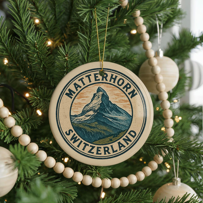 A Christmas tree decorated with ornaments, including a circular ornament with the text "MATTERhorn SWITZERLAND" and a mountain illustration.