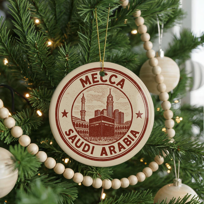 A Christmas tree decorated with ornaments, including a circular ornament with the text "M Mecca Saudi Arabia" and a mosque illustration.