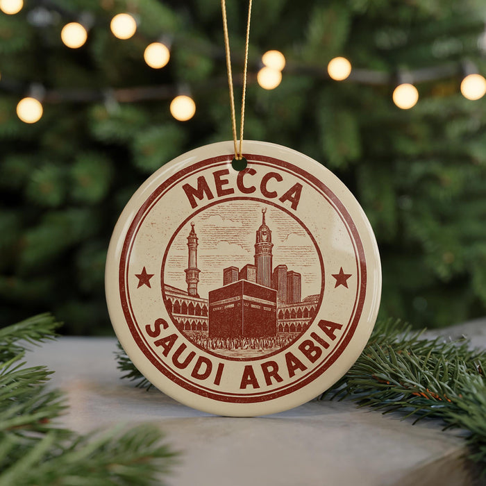 A circular ornament with the text "MCCA SAUDI ARABIA" and an illustration of a mosque, surrounded by Christmas lights.