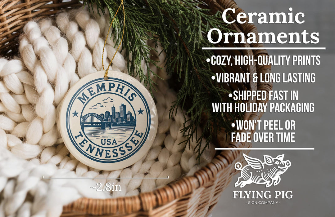 a ceramic ornament hanging from a wicker basket, with a description of the ornament and its features.